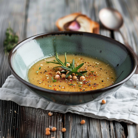 Una tazza di zuppa con semi di sesamo e una foglia di basilico.