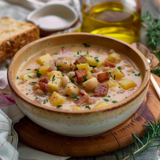 Una ciotola di minestrone con verdure e carne.