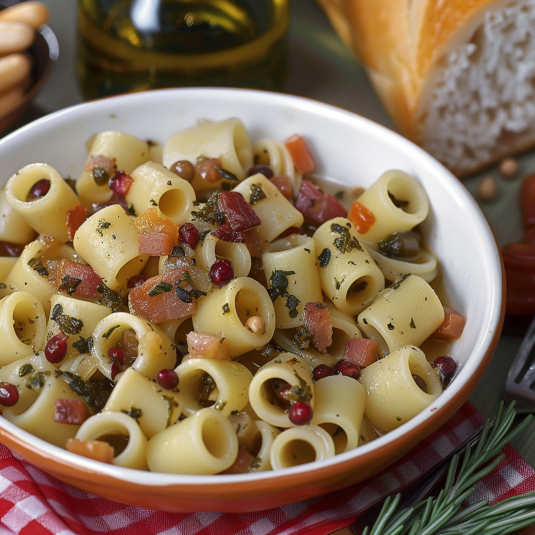 Una ciotola di pasta con verdure e spezie.