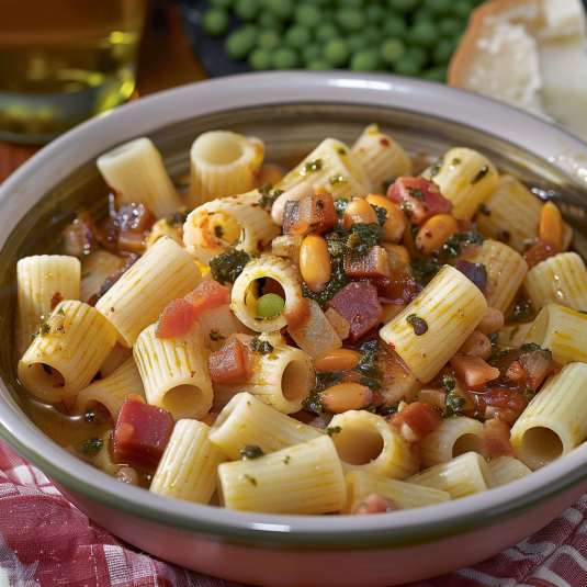 Una ciotola di pasta con verdure e carne.