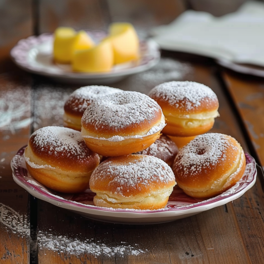 Piatti di frittelle con la neve sulla tavola.