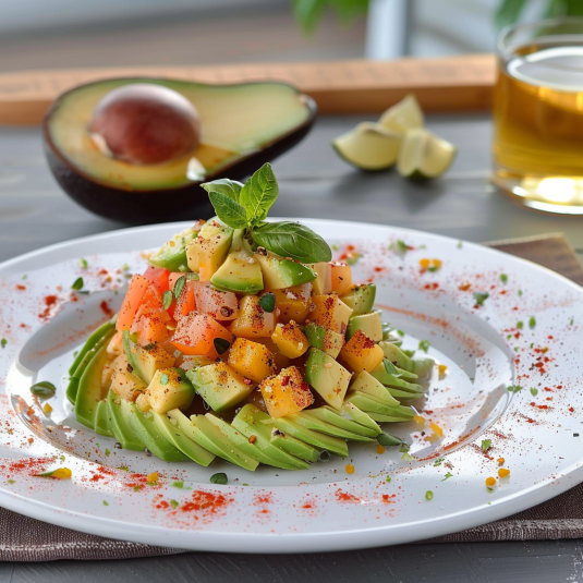 Una tavolata con un piatto di frutta e verdura.