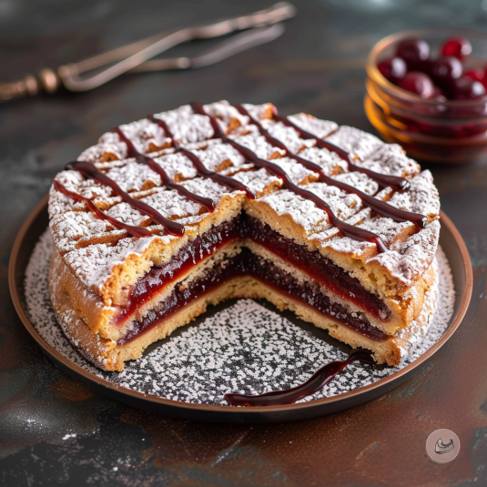 Un dolce a forma di cake con crema e frutta.