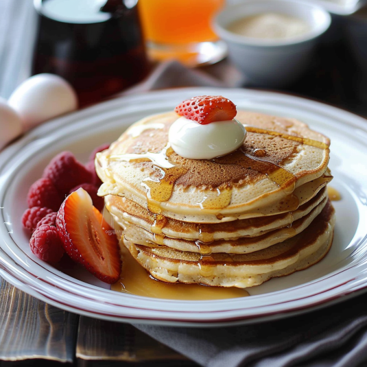 Un piatto di pancakes con strawberry e whipped cream.