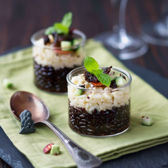 Due bicchieri di dessert con frullati e frullati con frullati.