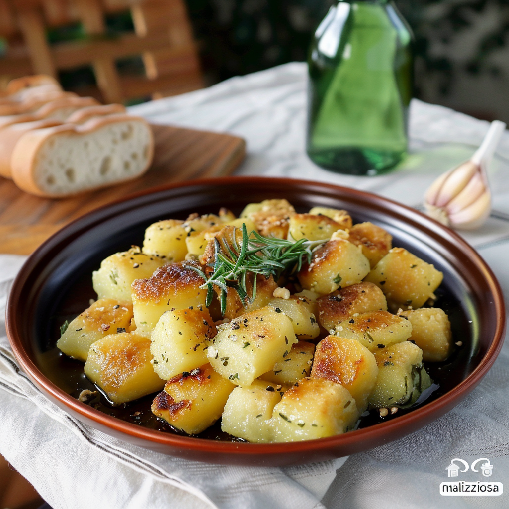 Una tavolata con un piatto di patate arrosto e un bicchiere di vino.