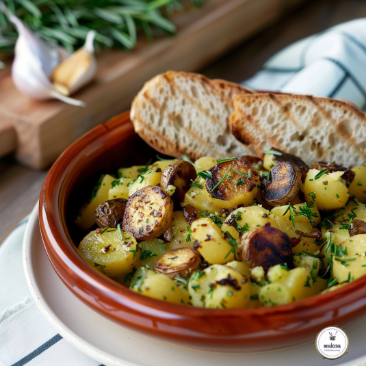 Una tazza di patate con verdure e pane tostato.