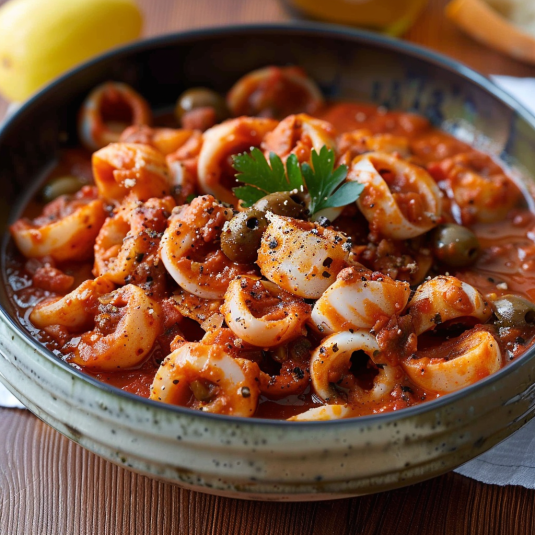 Una ciotola di pasta con olive e pomodoro.