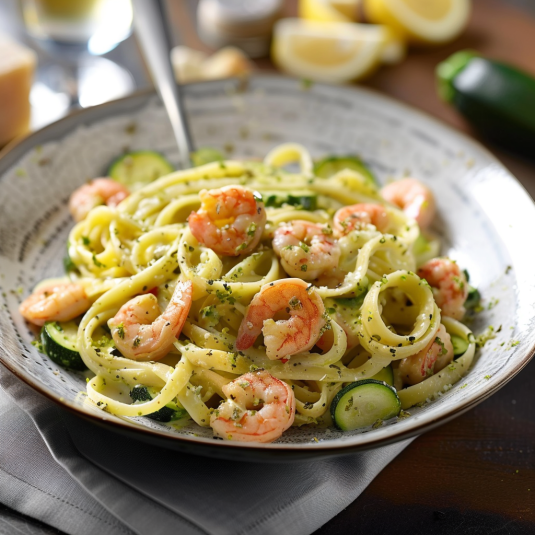 Piatti di pasta con shrimp e verdure.