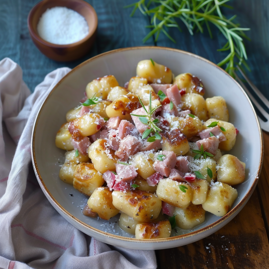 Una ciotola con pasta e prosciutto.