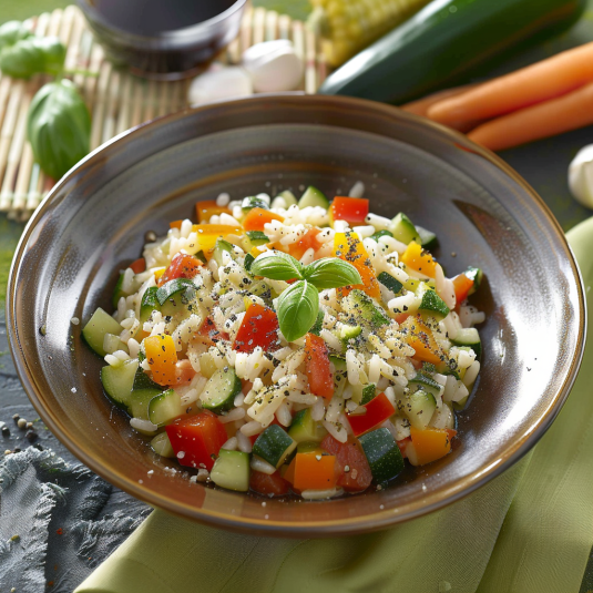 Una tazza con verdure e riso.