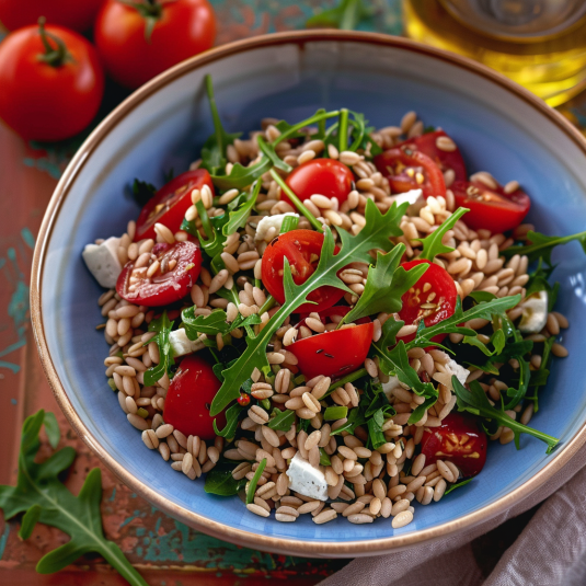 Una tazza di salad con verdure e pomodori.