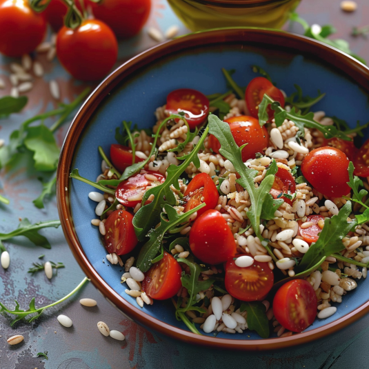 Una tazza di verdure e pomodori.
