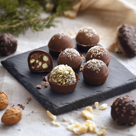 Un tavolo con cioccolatini e noci.