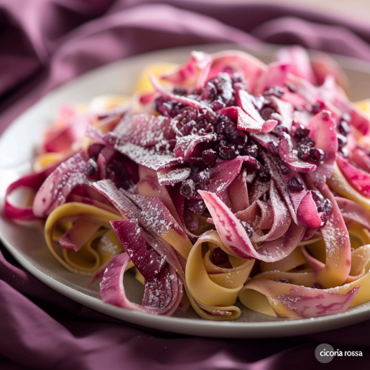 Una pietanza di spaghetti con frullati e frutta.
