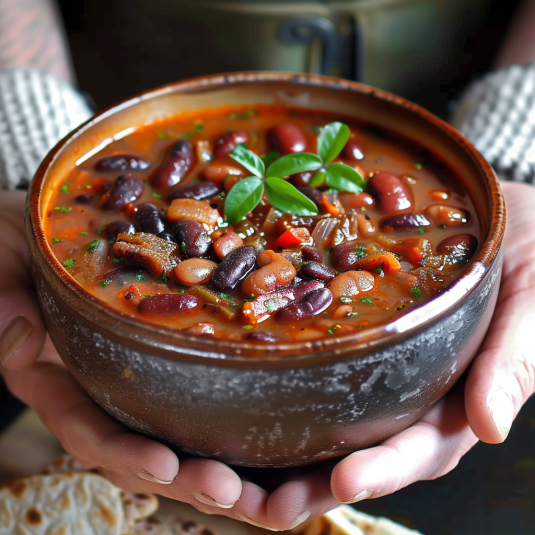 Una mano che tiene un vaso con una zuppa di fagioli e verdure.