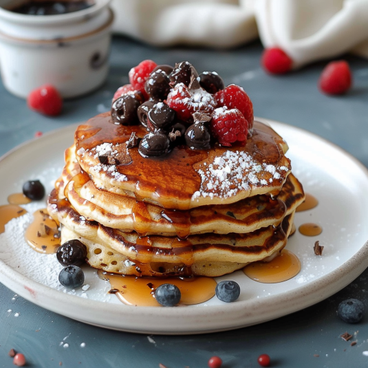 Pancakes con frutta e chocolate.