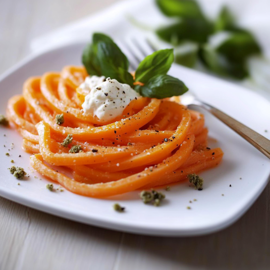 Piatti di carote con foglie di basilico.