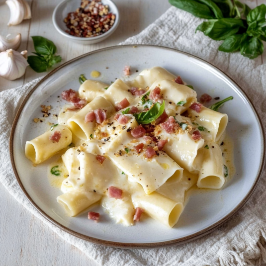 Penne con prosciutto e formaggio.