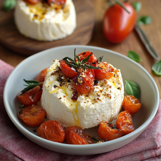 Una fetta di formaggio con pomodori e basilico.