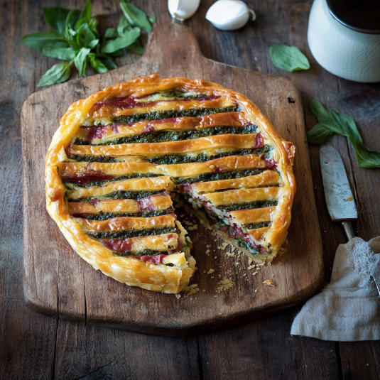 Una torta con verdure e formaggio tagliata in metà.