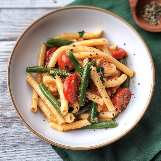 Una ciotola di pasta con verdure e pomodori.