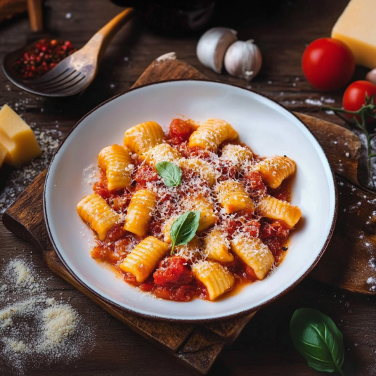 Una tavolata con un piatto di maccheroni con sugo e basilico.