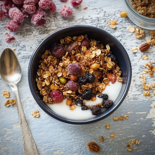 Un bicchiere di grano con frutta e yogurt.