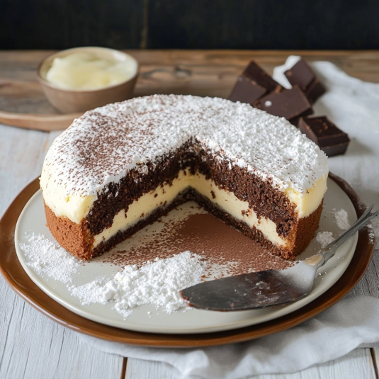 Una torta con crema e granella di cioccolato.