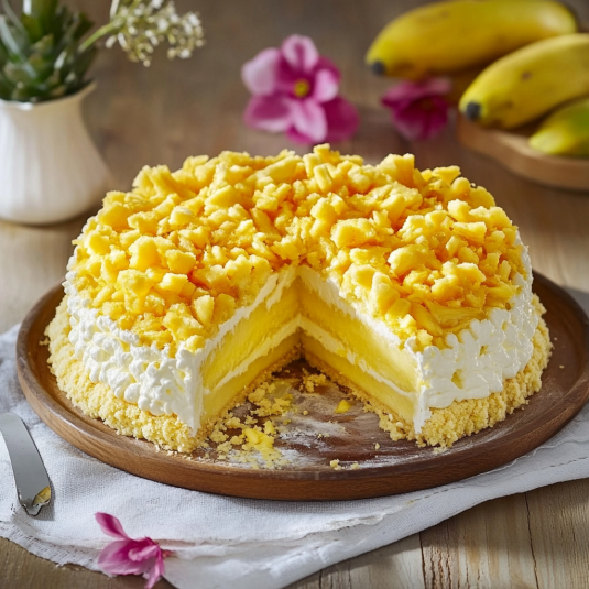 Una torta con crema e frutta.