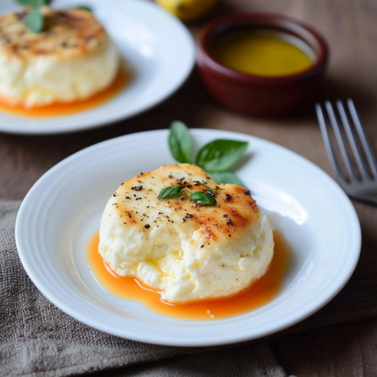 Due piatti con dolci a base di crema e foglie di basilico.