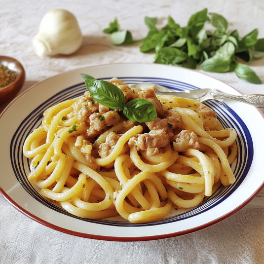 Piatti di spaghetti con verdure e carne.