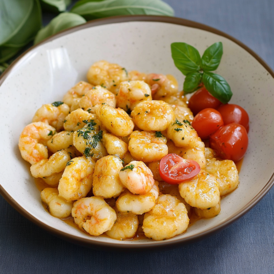 Una ciotola con pasta, tomate e basilico.