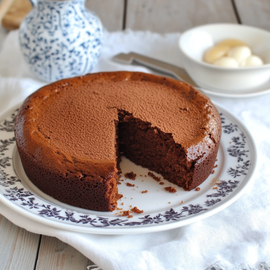 Una torta di cioccolato tagliata in due.