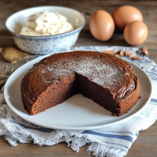 Una torta di cioccolato con la metà tagliata.