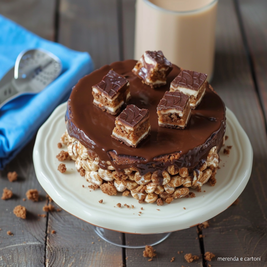 Cake con strati di marshmallow e cioccolato.
