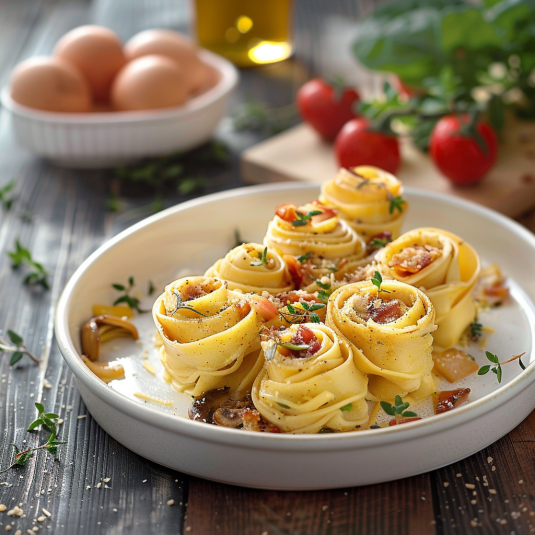 Piatti di pasta con verdure e formaggio.