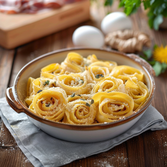 Una ciotola con spaghetti con verdure e formaggio.