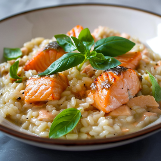 Riso con salmone e foglie di basilico.