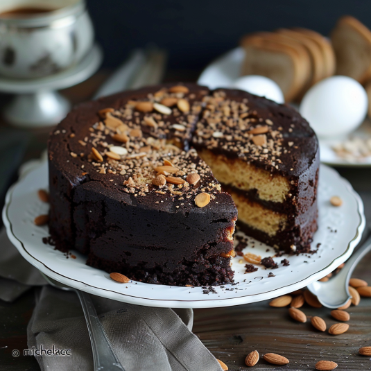 Un cake di cioccolato con pistacchi e noci.