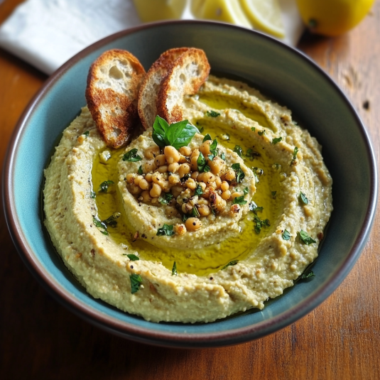 Una ciotola di hummus con pane tostato e limoni.