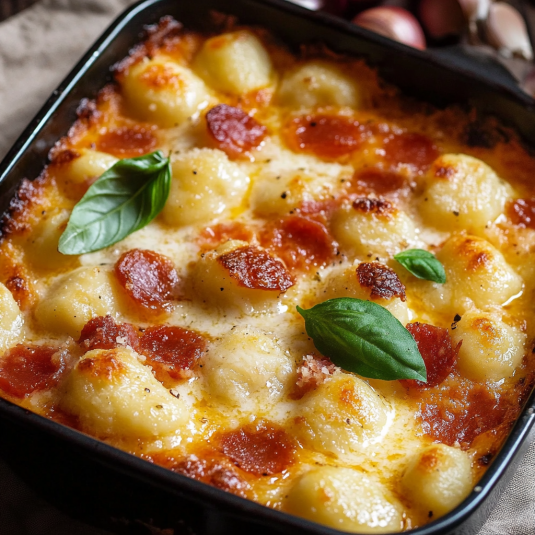 Un piatto di maccheroni con pepperoni e basilico.