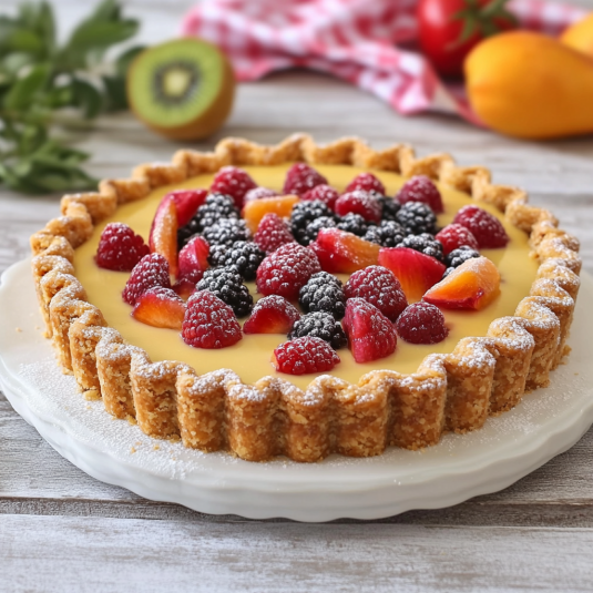 Torta con frutta e granola.