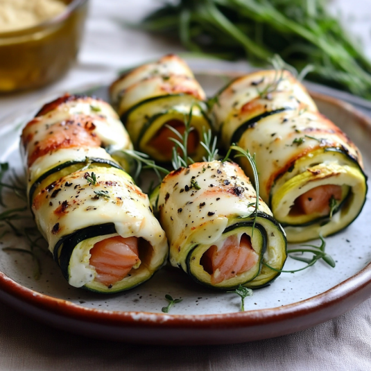 Piatti di zucchini con salmone e pancetta.