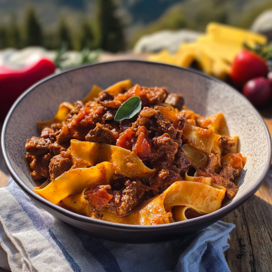 Una tazza di pasta con carne e verdure.