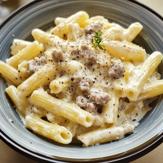 Penne con maccheroni e prosciutto.