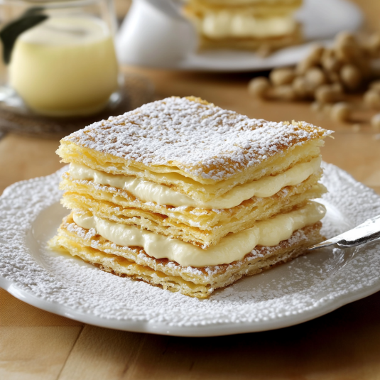 Un piatto con tre strati di dolce, con una spatola accanto.