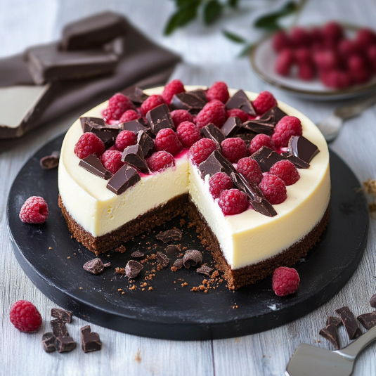 Una torta con frutta e cioccolato.