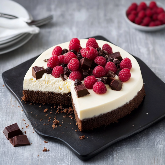 Un pezzo di torta con frutta e cioccolato.