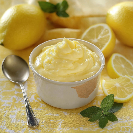 Un bicchiere di crema di limone con le limoni intorno.